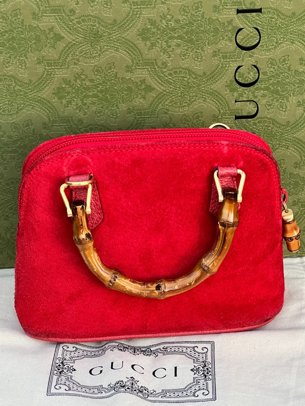 Gucci Red Suede Mini Bag with Bamboo Handle